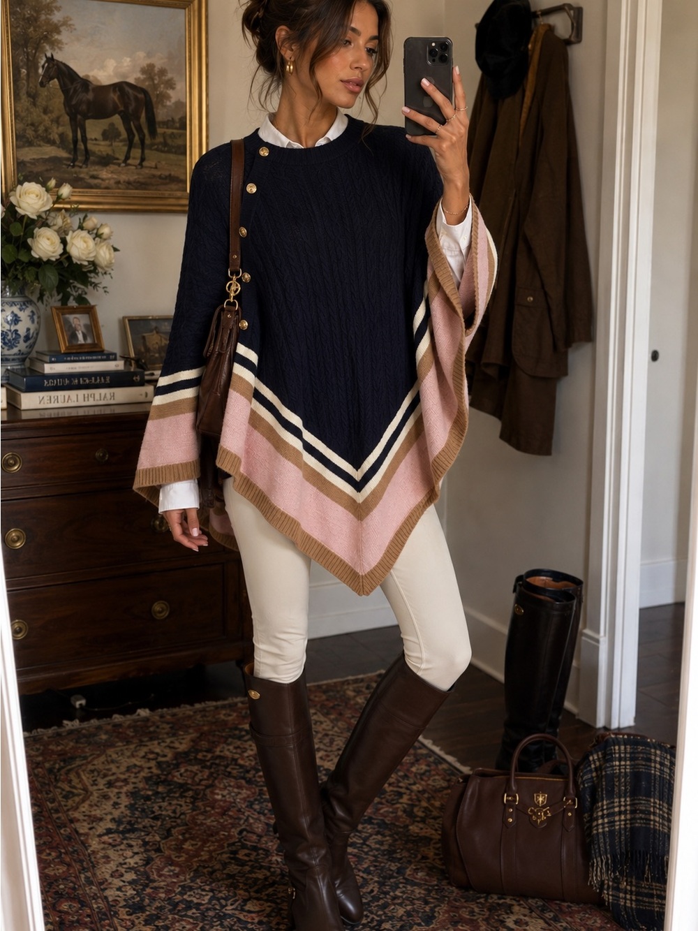 Talbots Cable Knit Cashmere Blend Poncho Navy Pink Camel Colorblock Cape XS